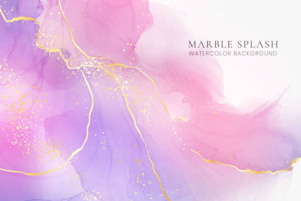 istock Purple rose and lavender liquid marble background with gold stripes and glitter dust. Pastel pink violet watercolor drawing effect. Vector illustration backdrop with gold splatter for wedding invite 1448734206