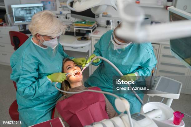 Young Caucasian Woman Having A Dental Checkup Exam During Pandemic Stock Photo - Download Image Now