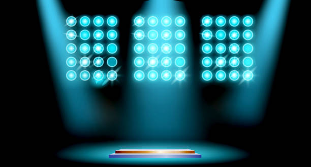 istock Realstic Glow blue light effect on Dark blue background. Brightly glowing spotlight.  blue neon searchlight light. 1448734489