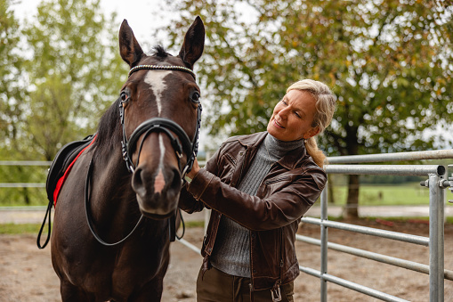 A mature blonde female horse trainer grooming her big brown horse while standing outside. The woman is looking at her horse and is focused. They are standing on a sandy area surrounded by a fence. There are some beautiful green trees surrounding the outdoor riding arena. The woman is wearing a leather jacket and a sweater. The weather is cold and gloomy.