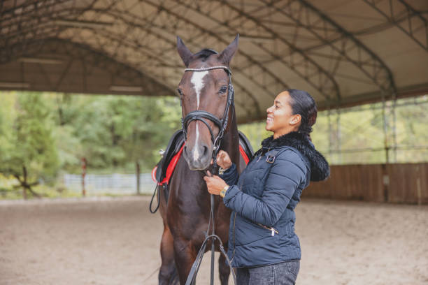 happy black young adult female horse lover souriant tout en caressant un grand cheval brun dans un manège couvert - farm winter field fence photos et images de collection