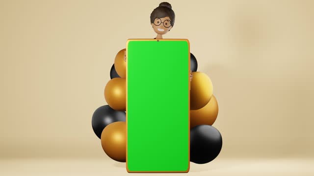 Happy African American girl peeks out from big smartphone chroma key mockup balloons beige background 3D animation loop app design.Freelance work Studying Cartoon character blogger woman gadget screen
