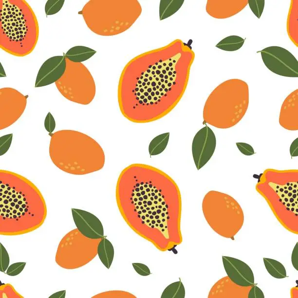 Vector illustration of Mango seamless pattern. Exotic fruits, fresh papaya cut, green leaves and mango. Tropical summer vacation vector print, color organic food