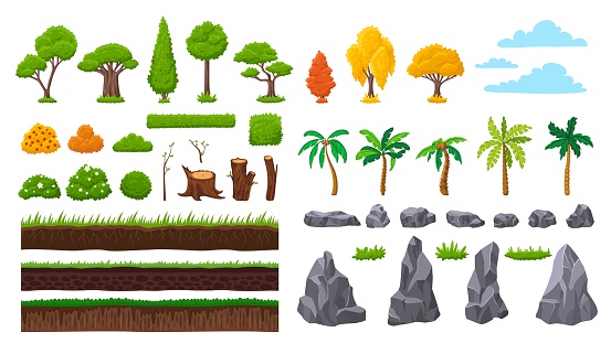 Nature forest landscape elements, stone rocks and tree, bushes and wood. Summer autumn spring garden natural graphic, vector mountains, grounds and plants. Illustration of tree plant and garden