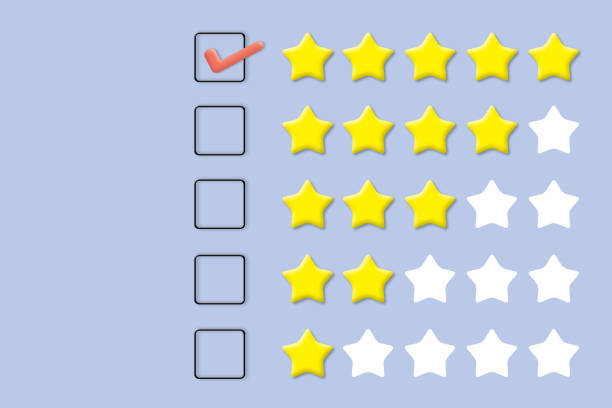istock Customer evaluation concept. Check mark with yellow five stars on pastel purple background.. 1448737996