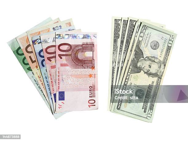 Euro Lub Dolary Na Białym Tle - zdjęcia stockowe i więcej obrazów Banknot - Banknot, Bankowość, Bez ludzi