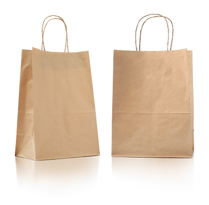 Paper shopping bags on white background, collage