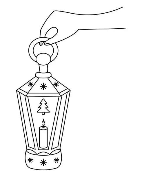 Vector illustration of Hold a Christmas lantern with a candle inside. Decoration from one spruce and snowflakes. Old fashioned lamp.