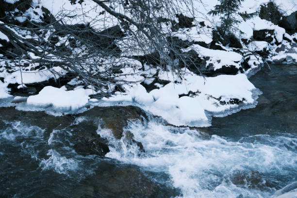 Flowing of mountain river in winter