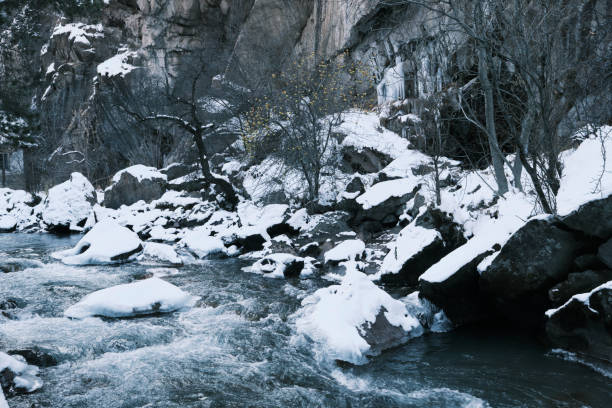Flowing of mountain river in winter
