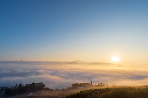 Morning sunrise with fog over the mountain, Pai, Mae Hong son in North Thailand.