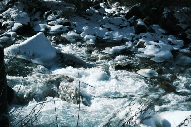 Flowing of mountain river in winter