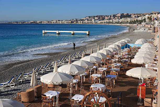 istock beach restaurant with sunshades at Nice, French Riviera 144875164