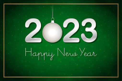 Silver White coloured 3 D text 2 0 2 3 and Happy New Year on a green horizontal backgrounds vector illustration with vignetting or vignette. Can be used as Xmas , New Year 2023 day celebrations festive backgrounds, banners, wallpaper, gift wrapping sheet, poster ad greeting cards. There is a Christmas bauble hanging instead of 0. There is a gold border at all sides.