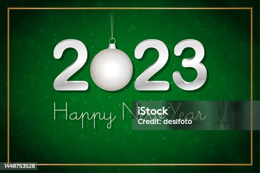 istock Silver metallic White colored three dimensional or three dimensional text 2023 and Happy New Year over dark bright green horizontal festive glowing glittering smudged vector backgrounds with Christmas bauble and a golden border stock illustration 1448753528