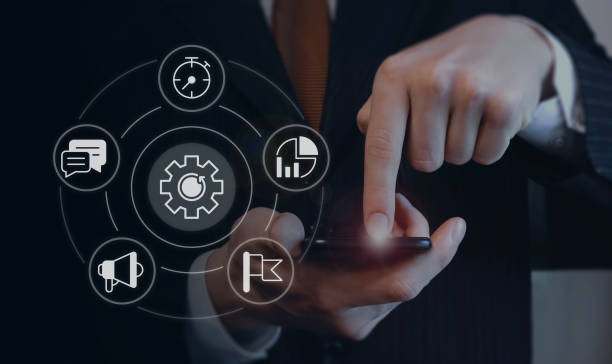 istock Project management closeup concept image with white glyph icons 1448755201
