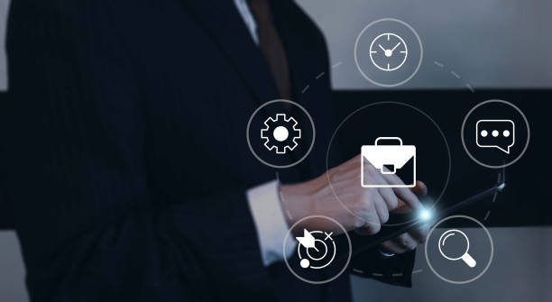 istock Strategy goals achievement concept image with white glyph icons 1448755202