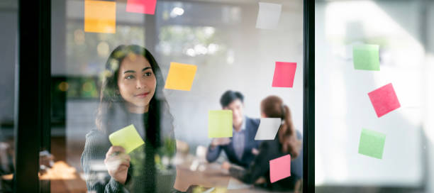 istock Young confident Businesswoman planning with adhesive notes in creative office. 1448764687