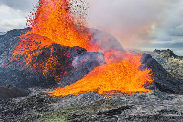 istock Lava fountain from a volcano in Iceland 1448765230