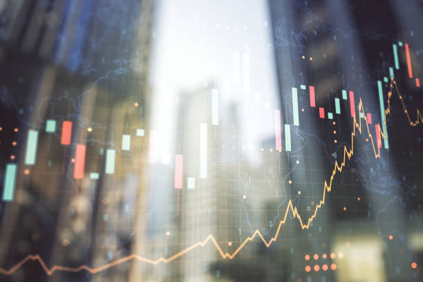 istock Double exposure of abstract financial graph with world map on office buildings background, financial and trading concept 1448765393