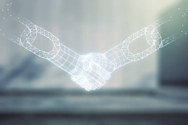 istock Double exposure of abstract virtual blockchain technology hologram with handshake on modern business center exterior background. Research and development decentralization software concept 1448765452