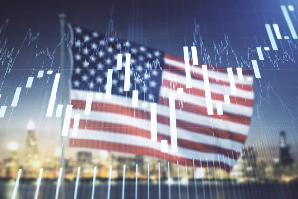 istock Multi exposure of virtual creative financial chart hologram on USA flag and blurry skyscrapers background, research and analytics concept 1448765541