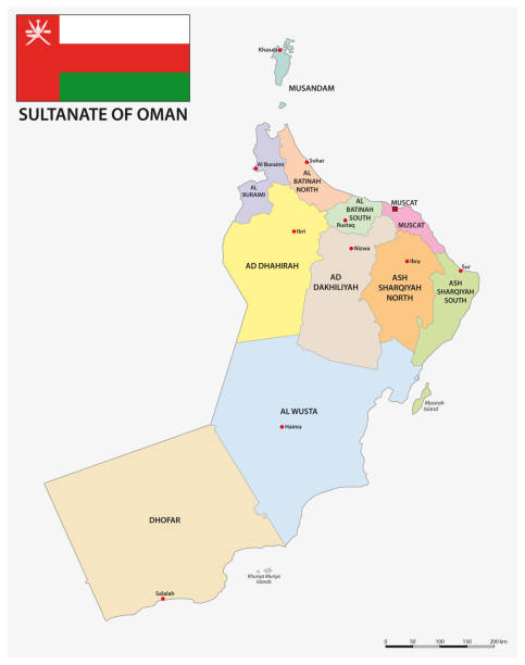 administrative map of Sultanate of Oman with flag administrative map of Sultanate of Oman with flag oman stock illustrations