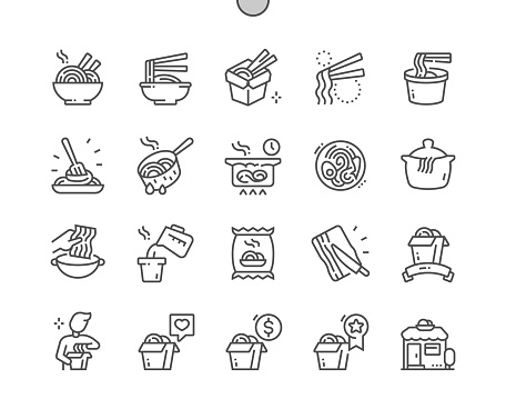 Noodle. Asian food. Box and chopsticks. Cooking noodles. Menu for cafe. Pixel Perfect Vector Thin Line Icons. Simple Minimal Pictogram