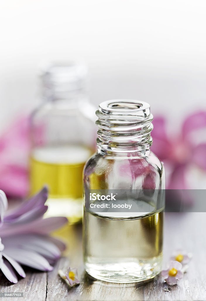 flower essence bottles of essential oil Alternative Therapy Stock Photo