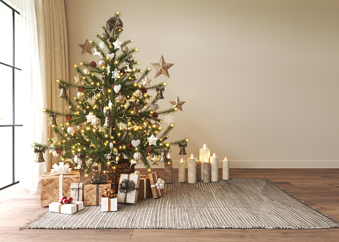 Light modern living room Christmas interior in Scandinavian style. Beautiful Christmas tree with gift boxes and lighting. Front view. Beige empty wall mockup. 3d rendering high quality illustration.