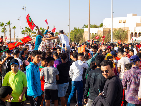 Laayoune, Morocco - 1 December 2022 : Moroccan people celerating the qualification of the national team of Morocco in the worldcup