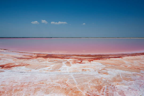 sal roja en saline margherita di savoia de italia. - trapani sicily erice sky fotografías e imágenes de stock