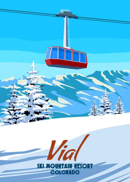 Vector illustration of Ski Travel resort poster vintage Vial. Colorado USA winter landscape travel card