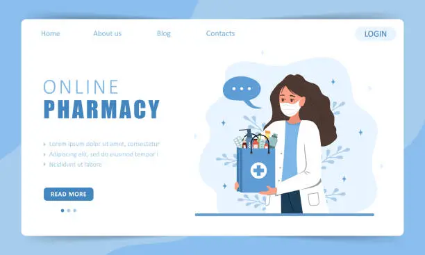 Vector illustration of Delivery pharmacy service. Landing page template. Female pharmacist in mask holding paper bag with drugs and pills. Online medicine concept. Vector illustration in flat cartoon style
