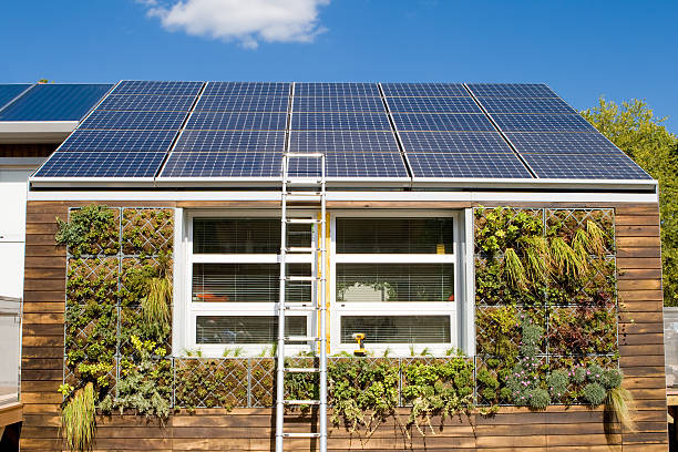 House with photovoltaic solar panels and a plant based gray water recovery system.   - See lightbox for more