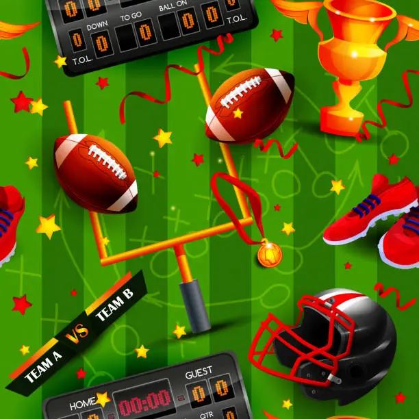 Vector illustration of Seamless background of team competition, sport and victory in cartoon style. Football accessories and sports equipment on the background of the stadium with the strategy of the game.