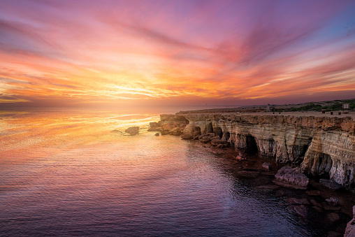 Landscape with sea cave at sunset, Ayia Napa, Cyprus island