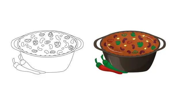 Vector illustration of Mexican food is spicy dish with meat and beans chili con carne in cast iron pot. Kids coloring book for elementary school. Traditional Latin American cuisine. Vector illustration. Cartoon.