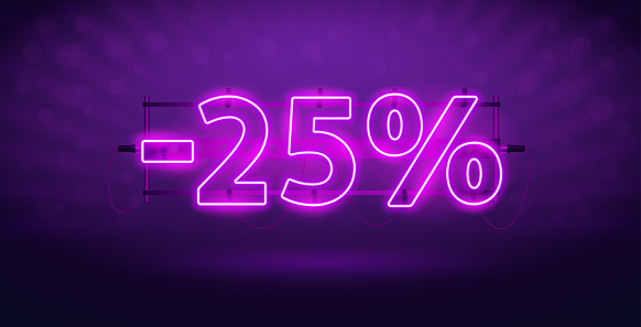 Glowing Neon 25 Percent Discount Banner. Stock vector clipart for sales design.