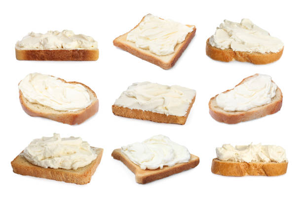 istock Toasted bread with tasty cream cheese on white background, collage 1448778805
