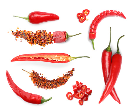 red hot chili pepper isolated on white background, top view