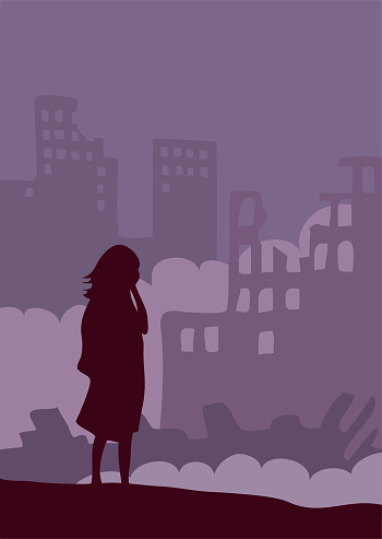 A girl is crying in front of a ruined city. The terrible consequences of war, earthquake and natural disaster. Panorama landscape with destroyed buildings. Vector illustration