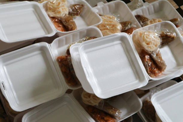 Rice box using sterofoam or styrofoam box with white rice, chicken, stir-fried potatoes, fried vermicelli, shrimp crackers and vegetables. Usually provided during Indonesian thanksgiving events. caja de arroz con esteroespuma o caja de espuma de poliestireno con arroz blanco, pollo, papas salteadas, fideos fritos, galletas de camarones y verduras. por lo general, se proporciona durante los eventos de acción de gracias de indonesia.