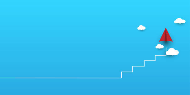 Progress, development concept. Origami planes flying up stairs. Professional, personal growth, success. an independent thinker with new ideas as an individual breaking