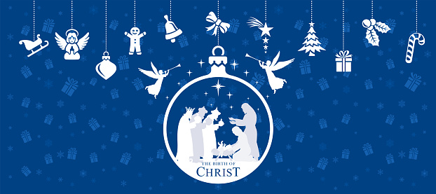 Holy Night. Christmas night. Birth of Jesus. Three wise men. Christmas Ball. Christmas ornament elements hanging.