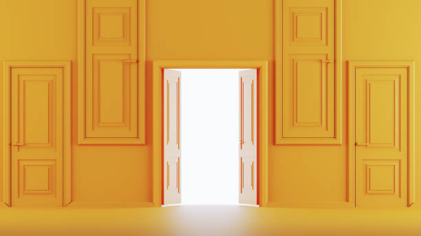istock yellow open shining door with closed doors on yellow background 1448783306