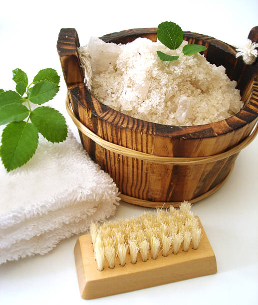 istock washtub with bath salt, comb, towel and brush 144878436