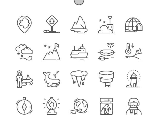 Antarctica. Igloo, mountain, lighthouse, penguin, whale, iceberg. Antarctica map. Pixel Perfect Vector Thin Line Icons. Simple Minimal Pictogram Antarctica. Igloo, mountain, lighthouse, penguin, whale, iceberg. Antarctica map. Pixel Perfect Vector Thin Line Icons. Simple Minimal Pictogram antarctica travel stock illustrations