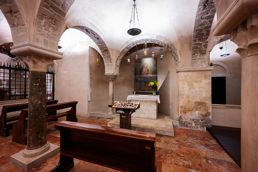 Bari, Italy - Jule 19, 2022: Interior of Basilica di San Nicola ( Saint Nicholas). St. Nicholas' Tomb in the crypt.