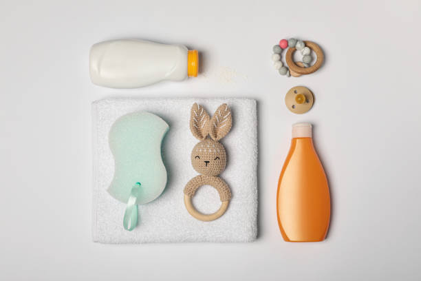 istock Flat lay composition with baby cosmetic products on white background 1448788015